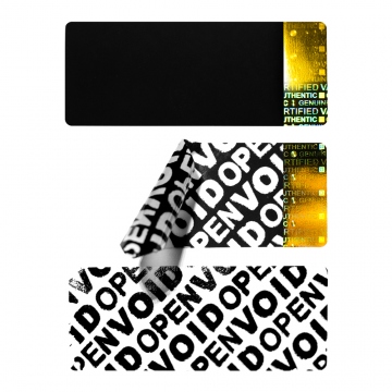 Etiquetas de licencia, de serie, VOID, color negro con holograma en color de oro 50x20mm