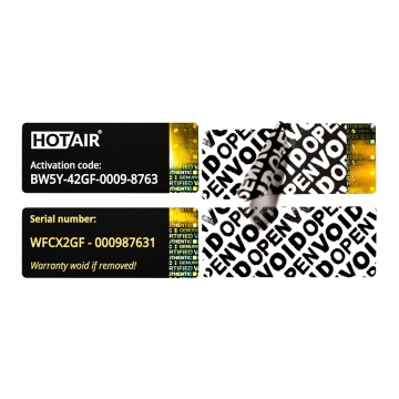 Etiquetas de licencia, de serie, VOID, color negro con holograma en color de oro 50x20mm