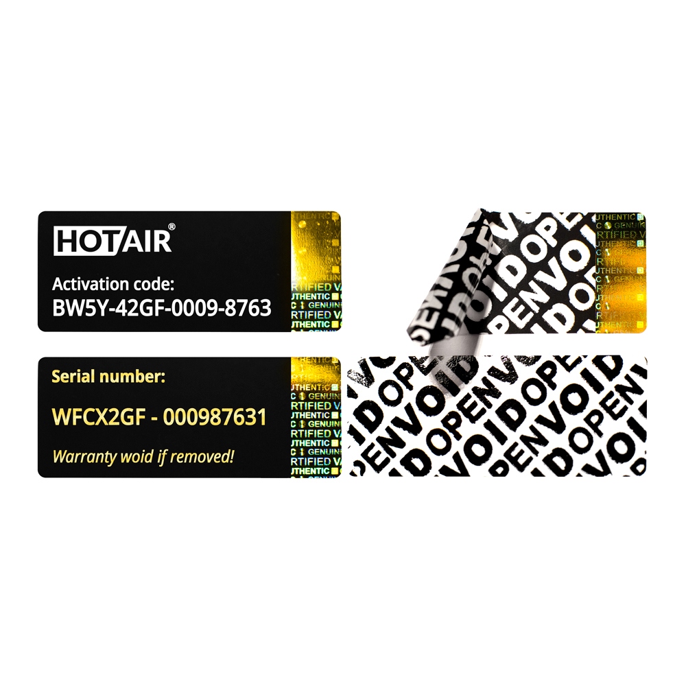 Etiquetas de licencia, de serie, VOID, color negro con holograma en color de oro 50x20mm